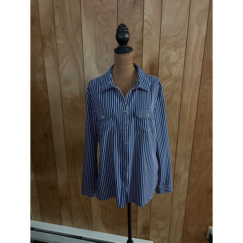 Notations Womens Large Navy Blue White Striped Button Up Long Sleeve Blouse